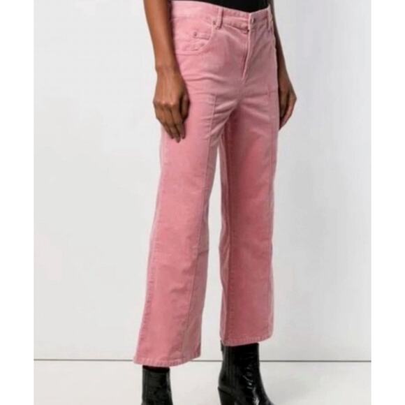 Isabel Marant 4 Anyree Pink VELVET $258 High Rise Pants Crop Flare Leg Jeans 36 - Picture 1 of 14